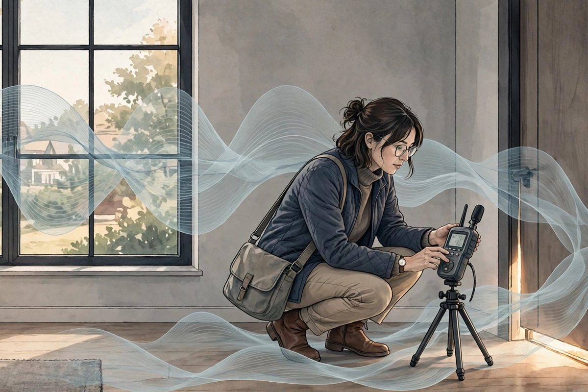 Illustration of an acoustic consultant measuring sound with a meter on a small tripod while translucent sound waves slip through a window and under a door