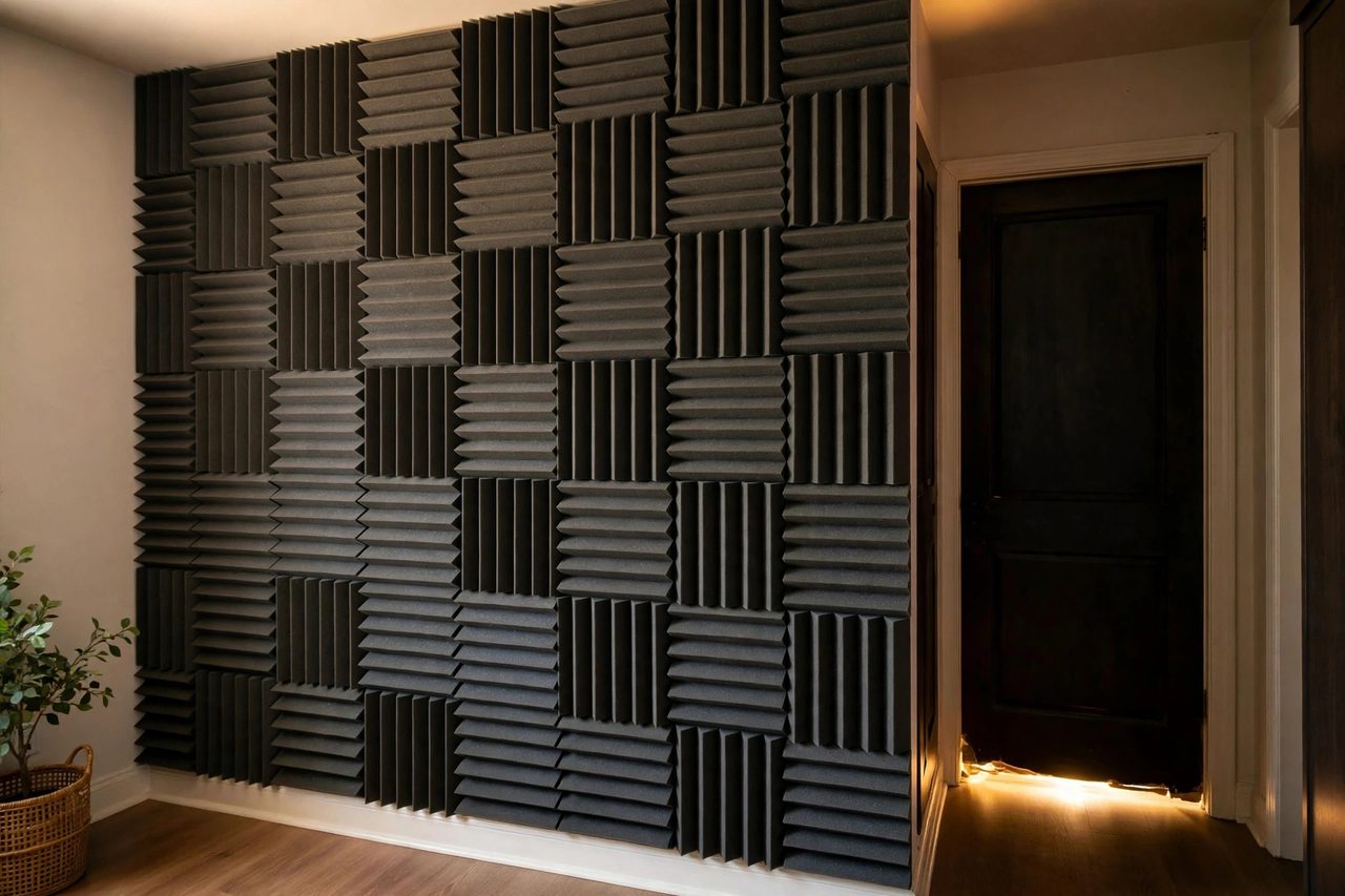 Wall covered with wedge acoustic foam panels beside a door with light leaking through the gap underneath