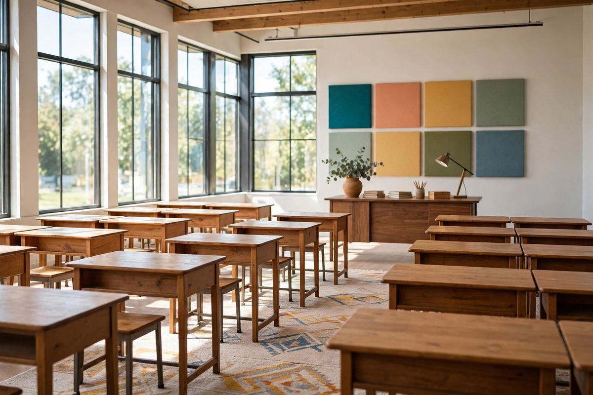 Photograph of a bright school classroom with rows of desks, colorful fabric acoustic panels on the walls, and a soft rug on the floor