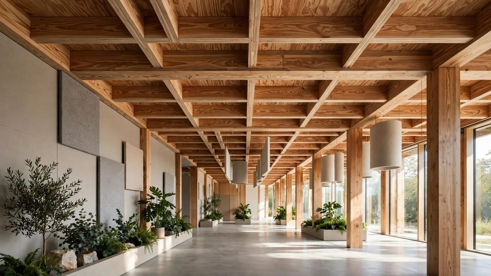 Exposed cross-laminated timber ceiling in a modern building interior