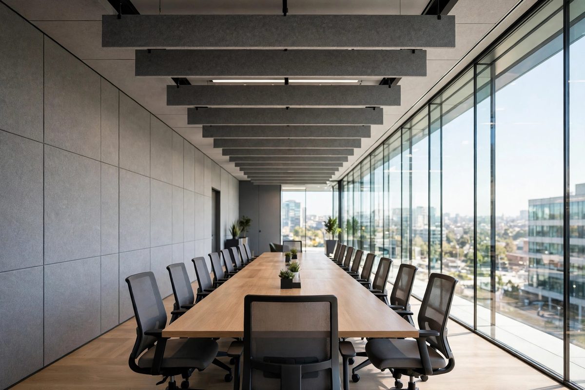 Photograph of a modern conference room with a long table, a glass wall, fabric acoustic panels, and ceiling baffles