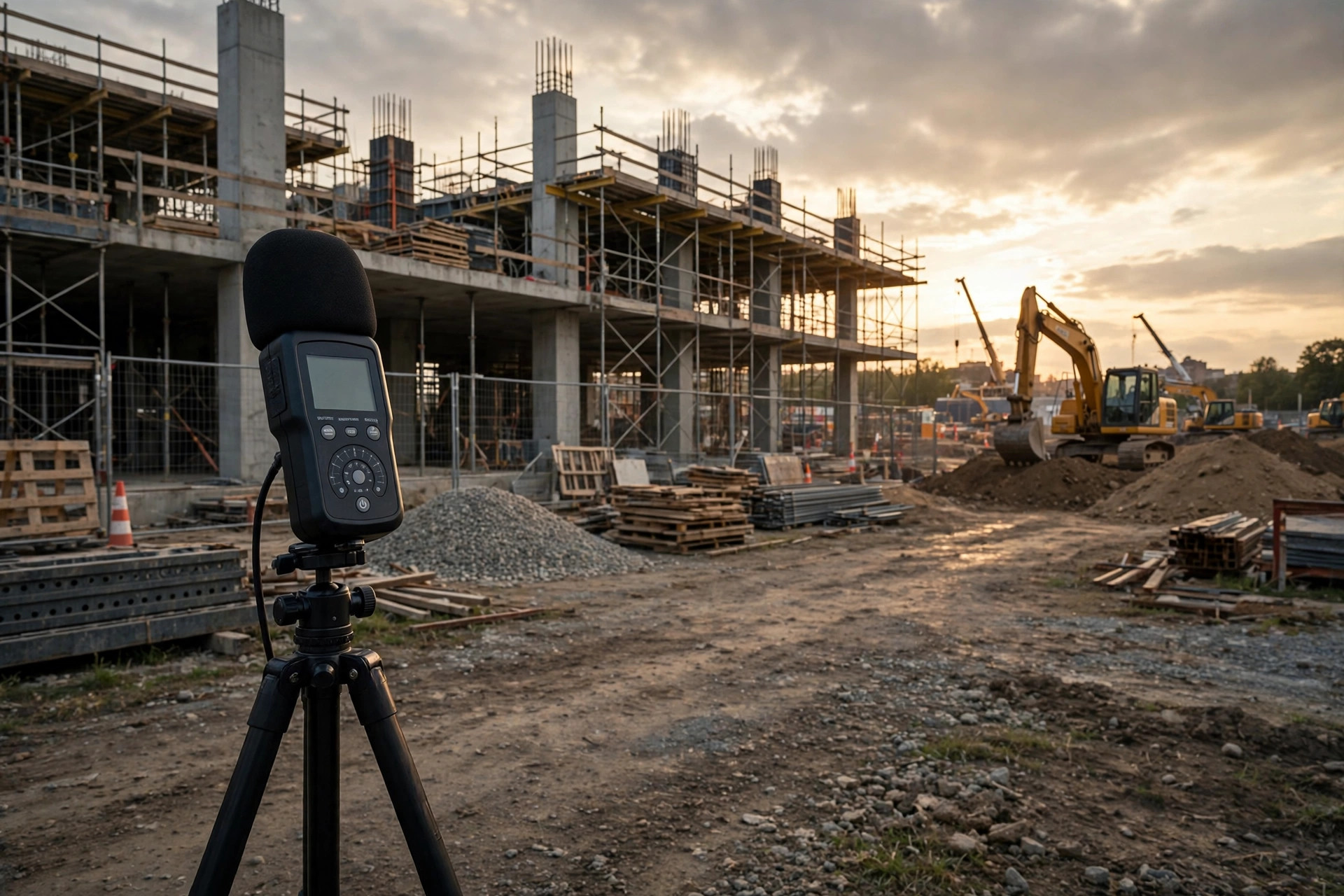 Sound level meter on a tripod monitoring noise at a construction site