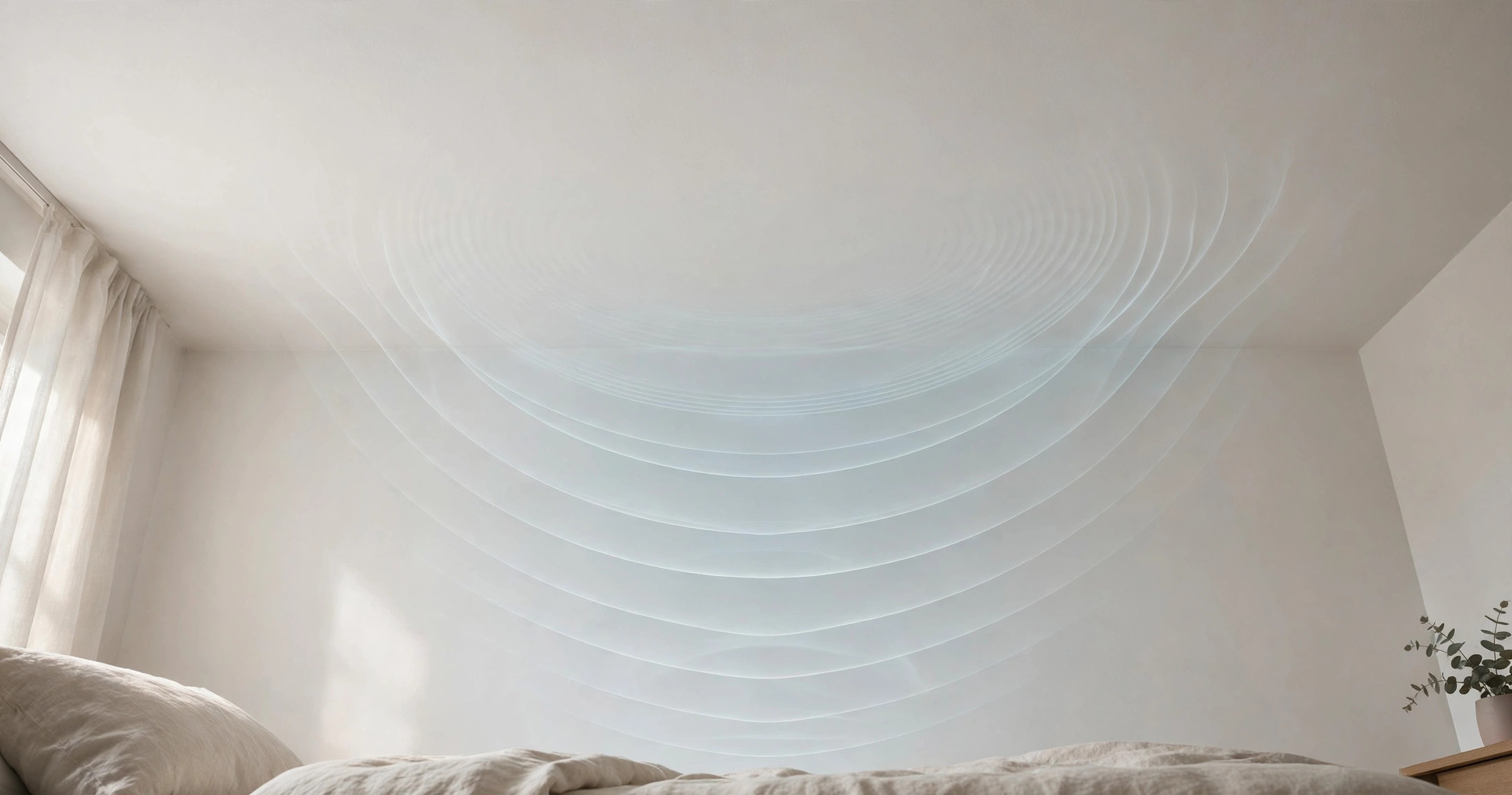 Quiet bedroom viewed from below with faint sound-wave ripples descending from the ceiling, suggesting footsteps from the floor above