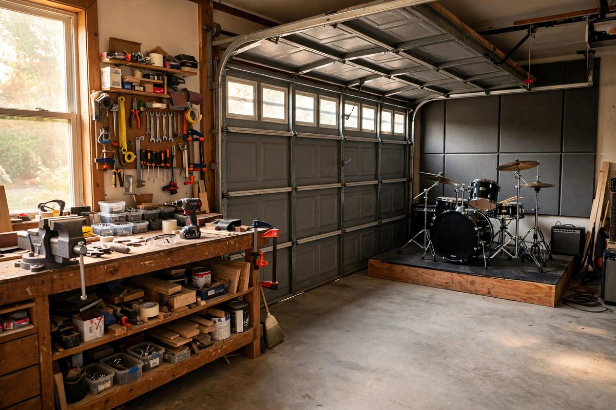 Photograph of a garage converted into a band practice and workshop space, with a drum kit on a raised platform in front of acoustic wall panels, a workbench with tools, and a sectional garage door