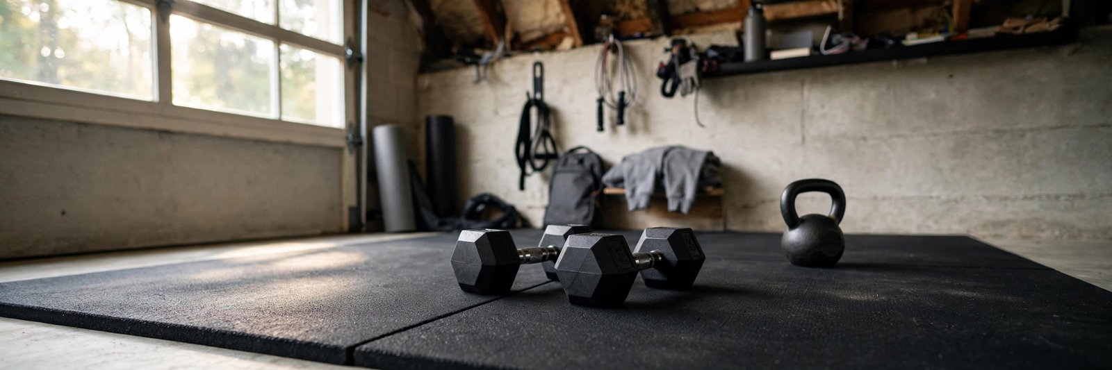 Dumbbells on a thick rubber mat in a home gym with a kettlebell nearby