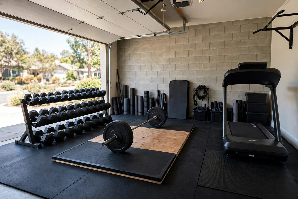 Photograph of a home gym with a dumbbell rack, a barbell on a lifting platform, thick rubber floor mats, and a treadmill