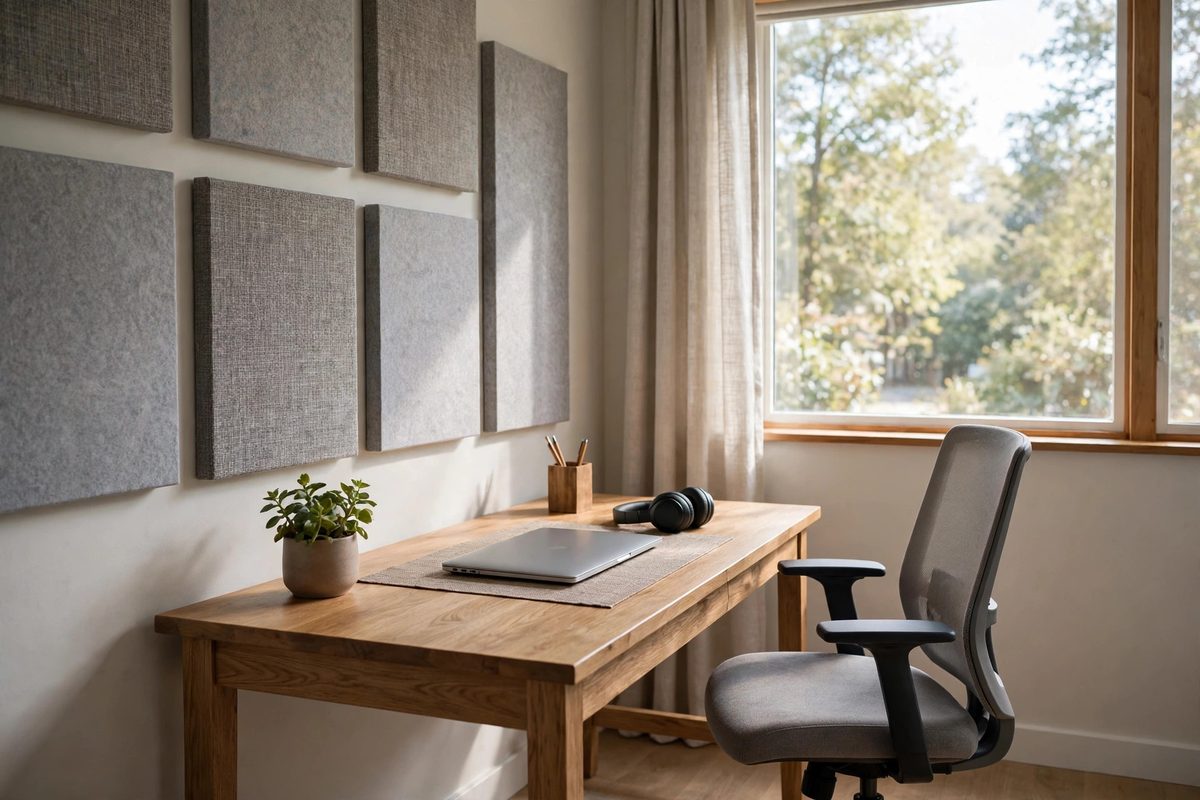 Photograph of a quiet home office with a wooden desk, a laptop, and fabric acoustic wall panels beside a window