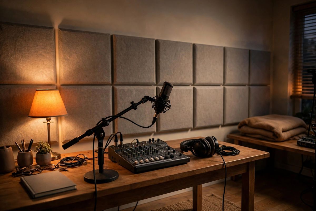 Photograph of a cozy home recording studio with a microphone, headphones, a small mixer, and fabric acoustic panels on the wall