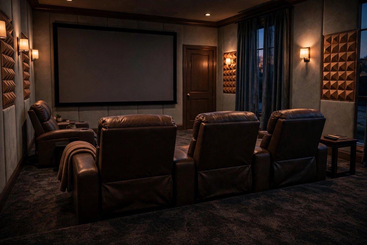 A cozy home theater with recliner seats, a large screen, fabric acoustic wall panels, and wooden diffusers