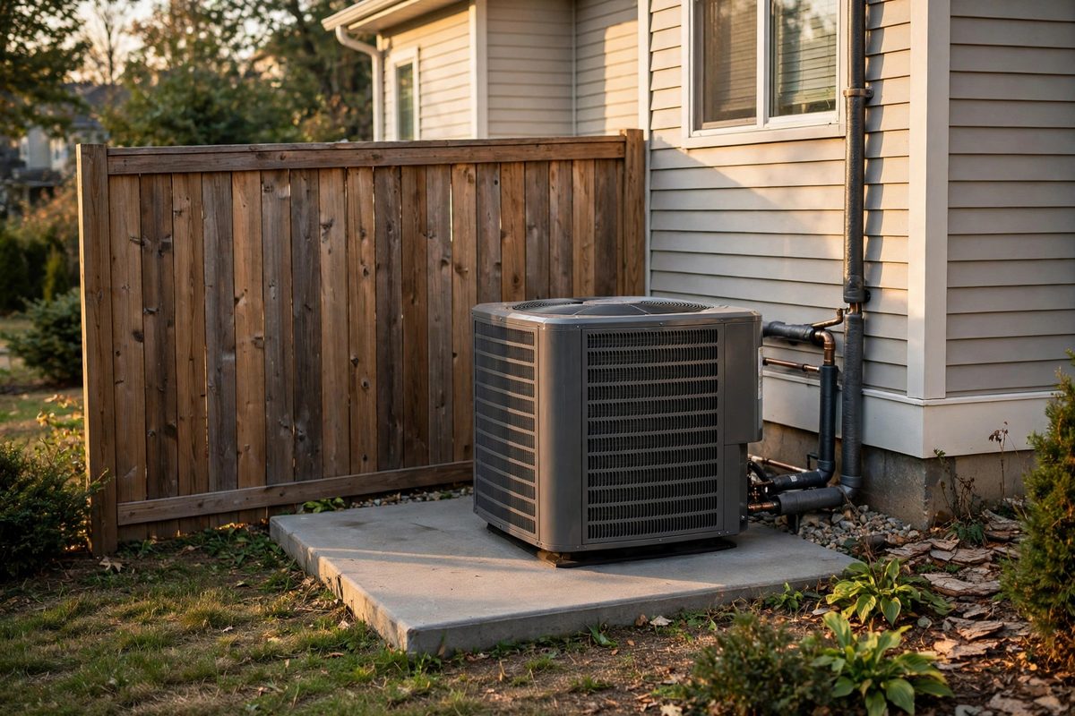 Photograph of an outdoor heat pump unit on a concrete pad beside a house, screened by a solid wooden barrier fence