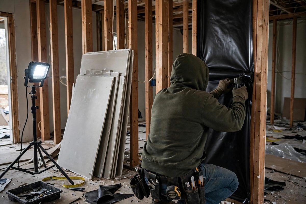 Photograph of a worker installing a heavy black mass loaded vinyl sheet inside an open stud wall next to stacked drywall sheets