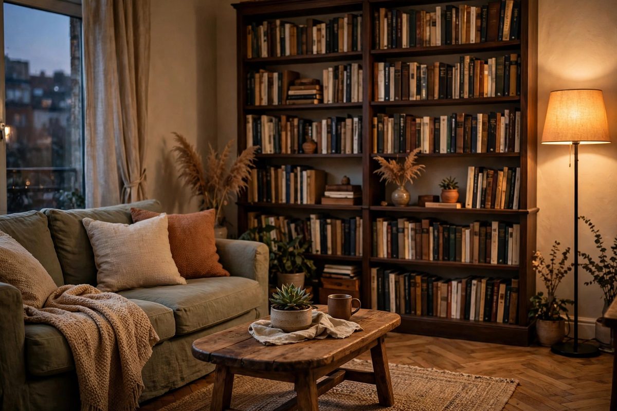 Photograph of a living room with a sofa and a tall bookcase full of books against a shared wall