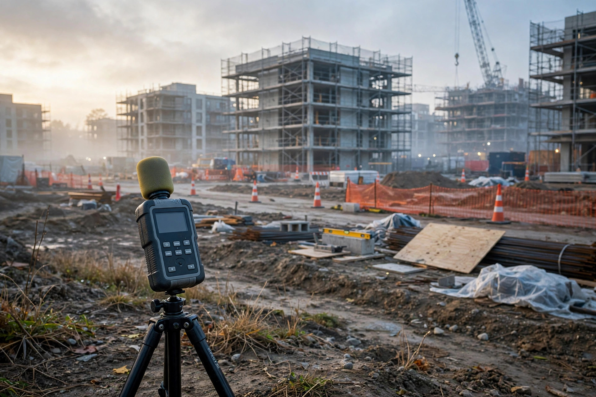 Sound level meter on a tripod at a construction development site