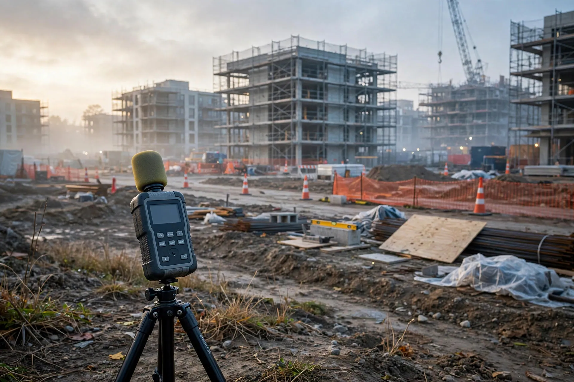 Sound level meter on a tripod at a construction development site