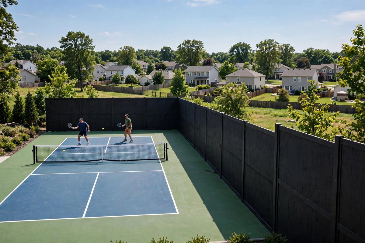 Photograph of a pickleball court with players, a tall dark acoustic barrier fence, and houses nearby