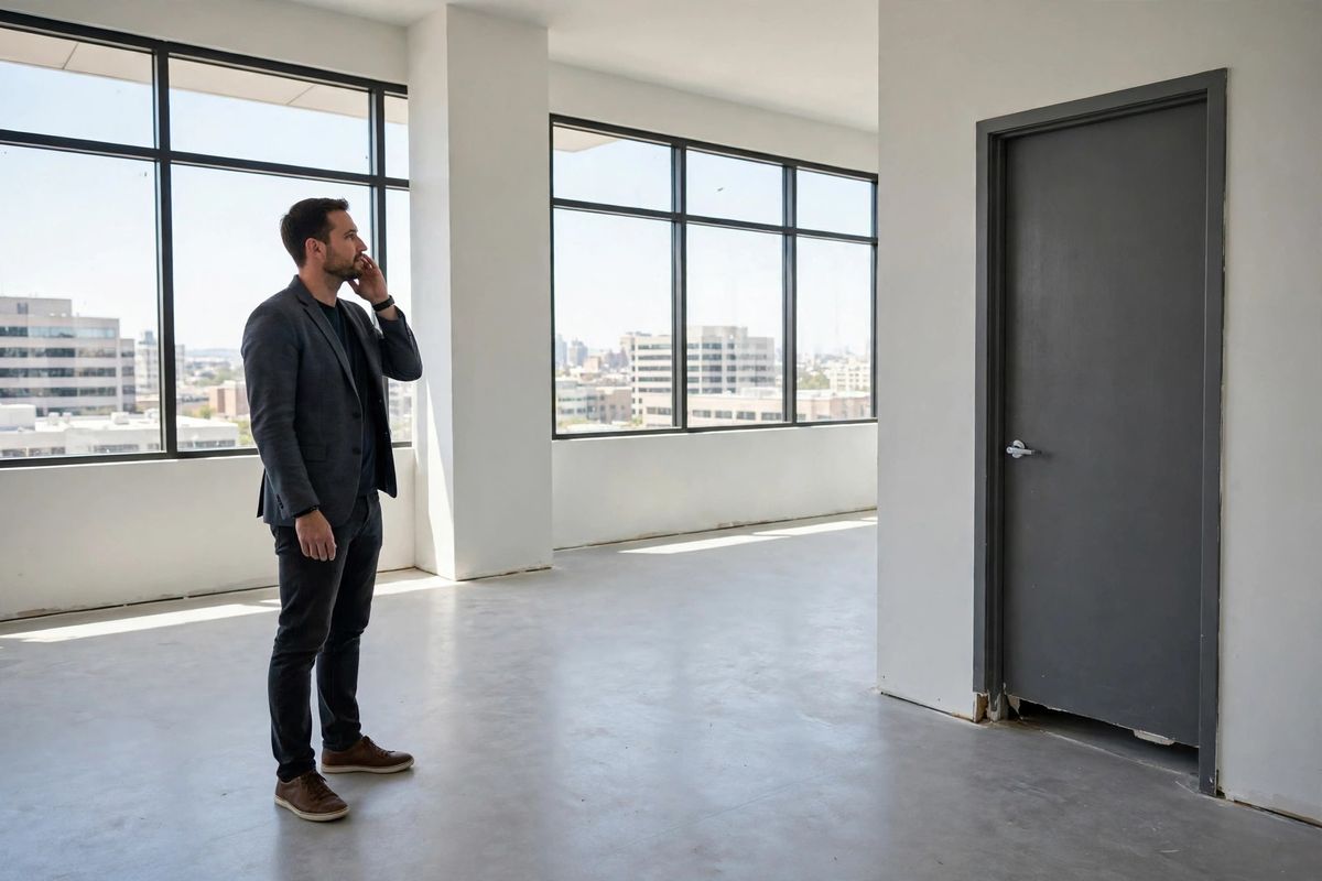 Photograph of an empty commercial office space with large windows, bare walls, and a door with a visible gap underneath