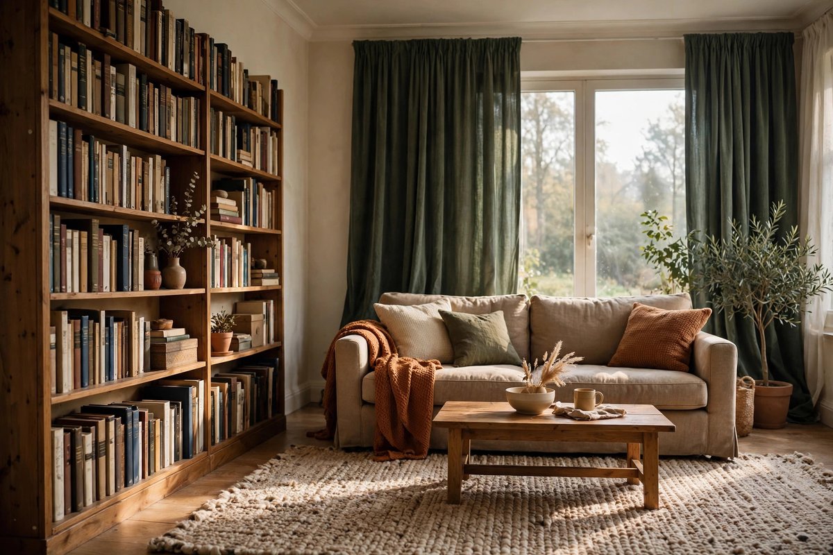 Photograph of an apartment living room with a tall bookcase full of books against the wall, an upholstered sofa, a thick woven area rug, and heavy curtains over the window
