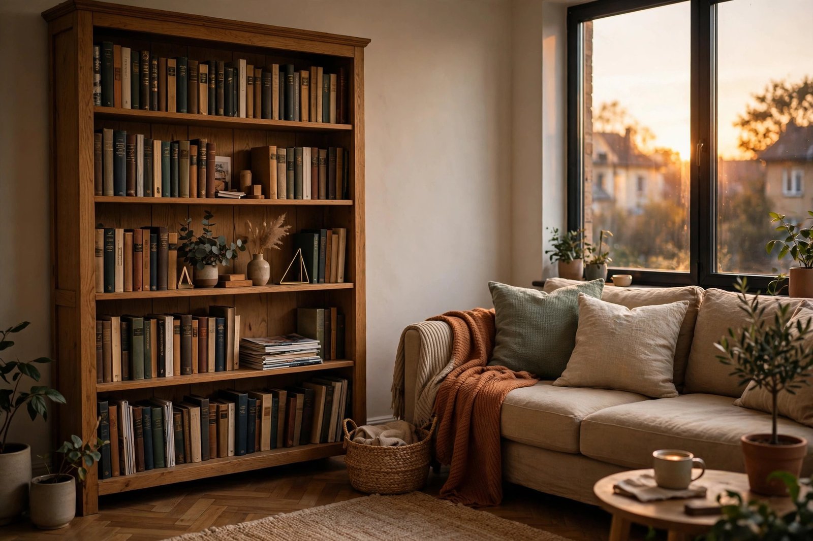 Tall wooden bookcase full of books against a shared apartment wall