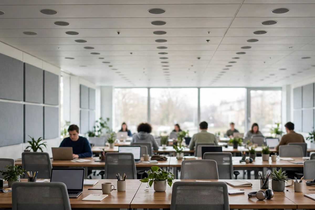 Photograph of a calm modern open-plan office with fabric acoustic wall panels and small round ceiling speakers