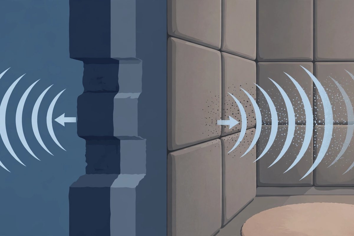 Illustration contrasting soundproofing and acoustic treatment: sound waves blocked by a heavy wall on one side, and echo absorbed by fabric acoustic panels inside a room on the other