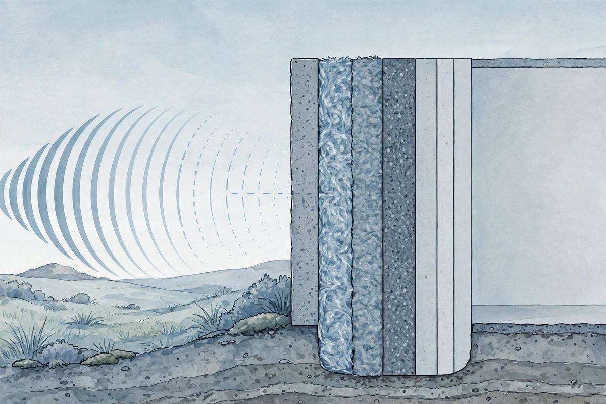 Illustration of a layered wall cross-section with sound waves approaching from one side and fading as they reach the wall layers