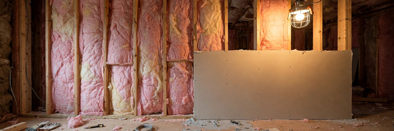 Interior wall under construction with wooden studs, insulation, and a partial drywall sheet