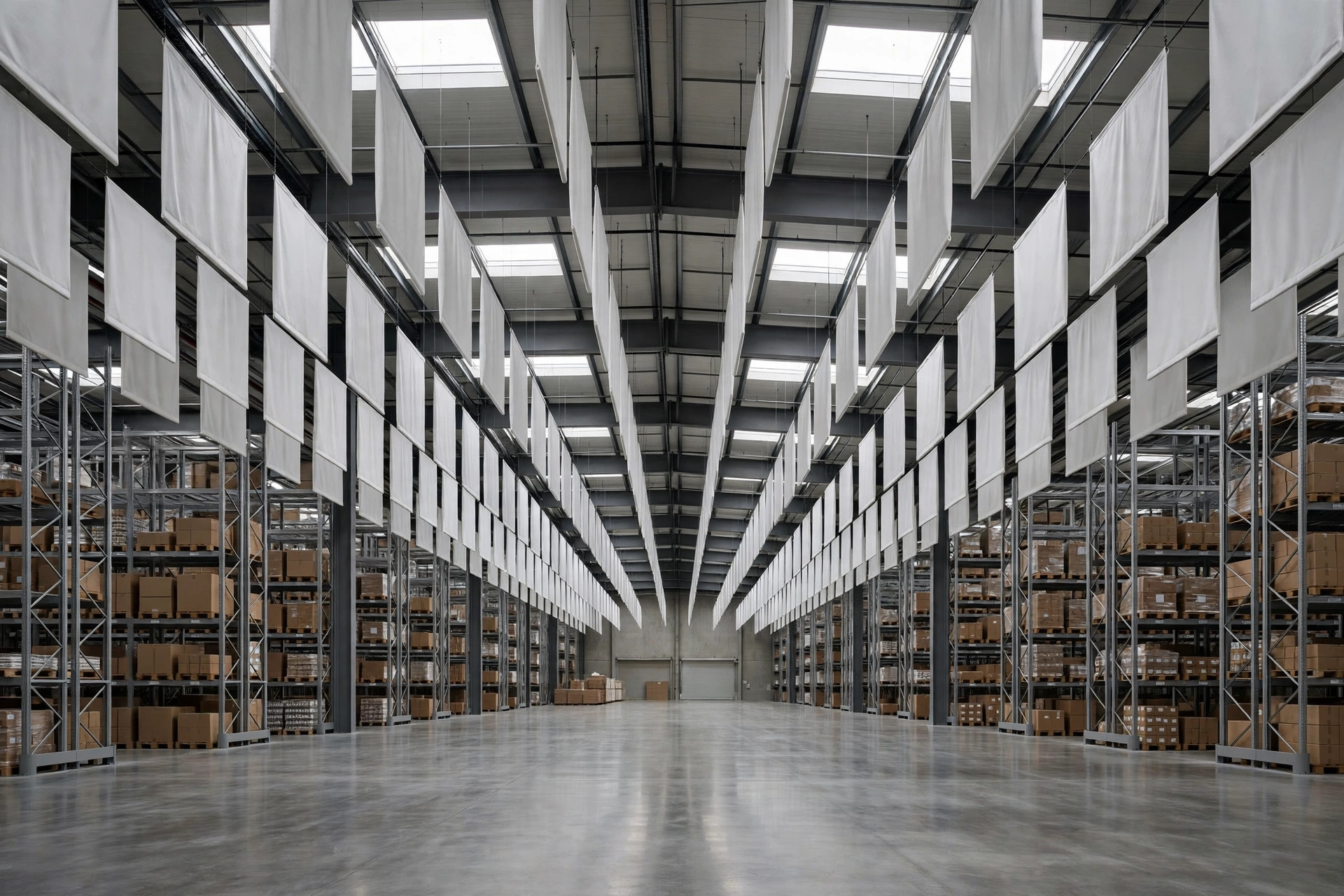 Warehouse interior with high ceilings and rows of hanging acoustic baffles