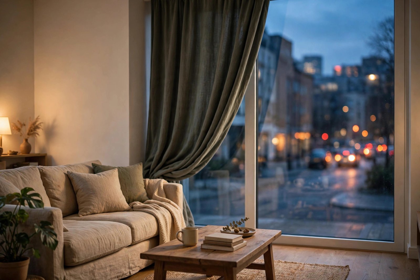 Living room window with heavy curtain and city street lights outside at dusk