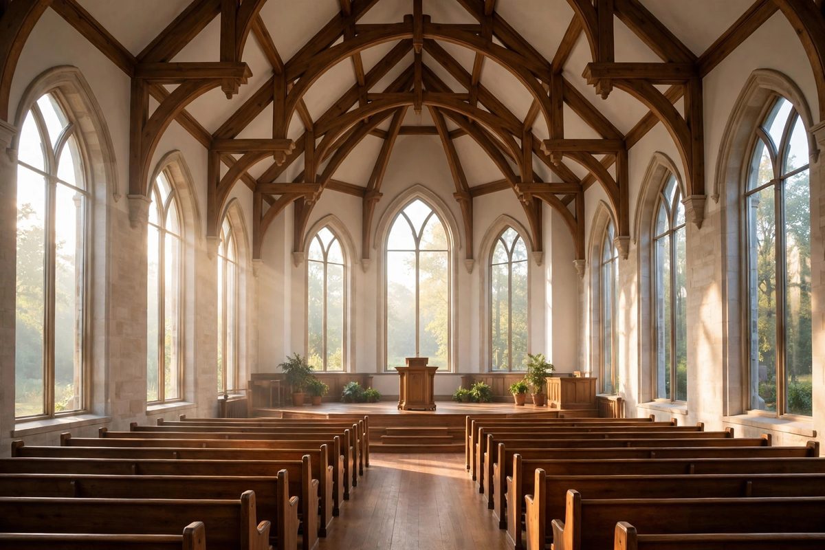 Photograph of a bright church sanctuary with wooden pews, tall arched windows, and a high vaulted ceiling